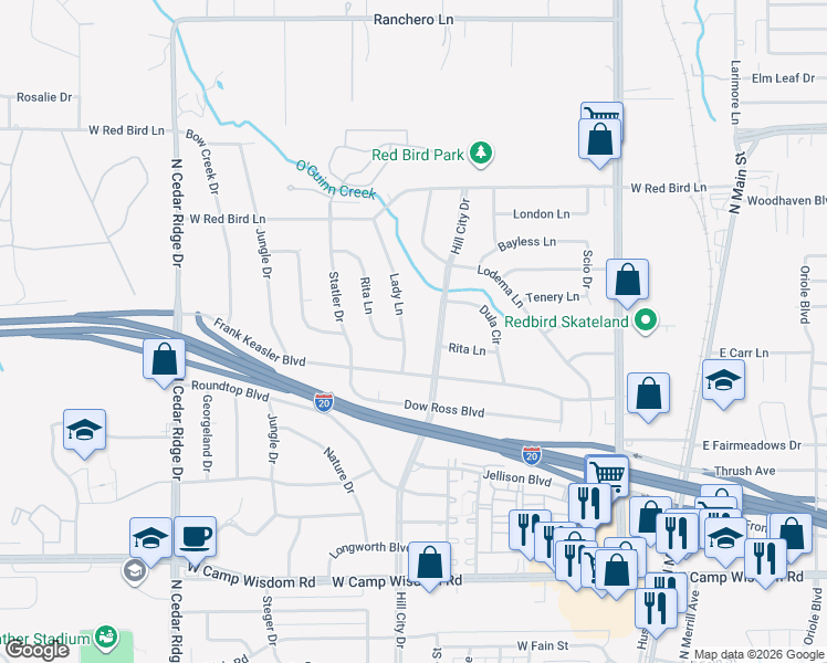 map of restaurants, bars, coffee shops, grocery stores, and more near 1122 Lady Lane in Duncanville