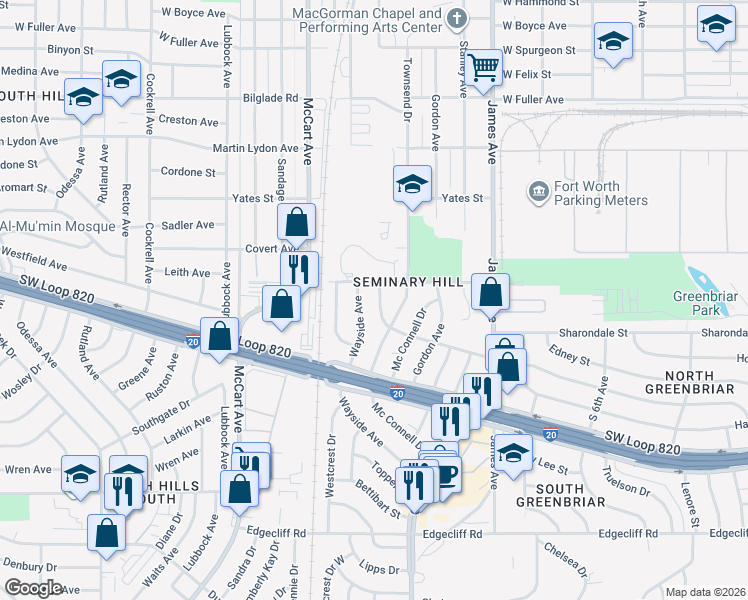 map of restaurants, bars, coffee shops, grocery stores, and more near 5212 Frazier Avenue in Fort Worth