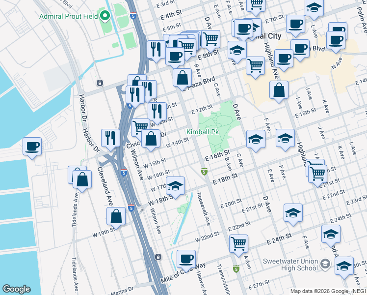 map of restaurants, bars, coffee shops, grocery stores, and more near 126 West 14th Street in National City