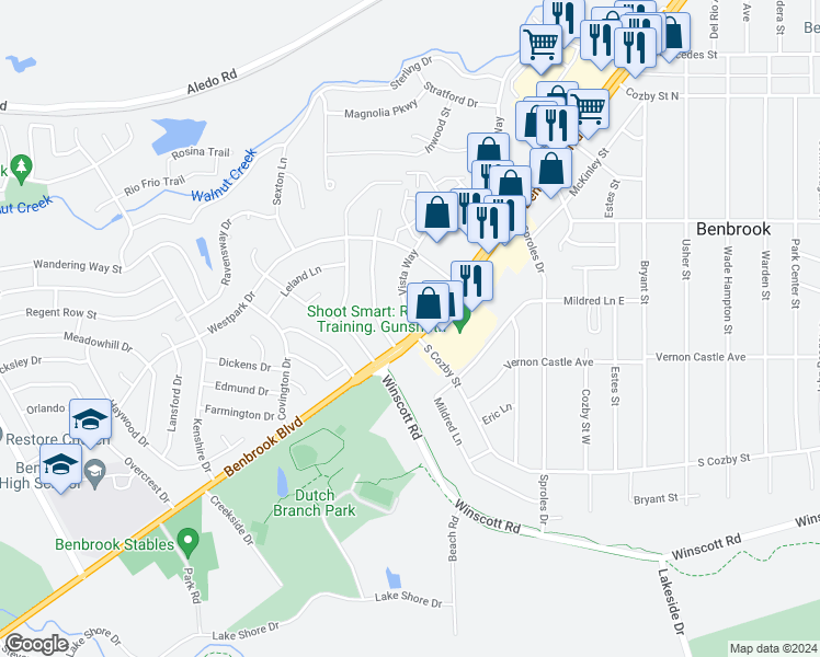 map of restaurants, bars, coffee shops, grocery stores, and more near 105 Vista Way in Benbrook