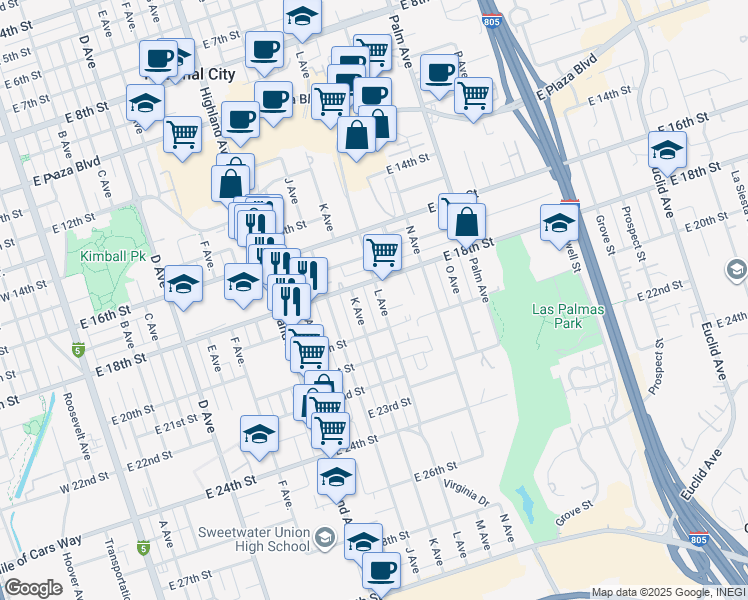 map of restaurants, bars, coffee shops, grocery stores, and more near 1828 L Avenue in National City