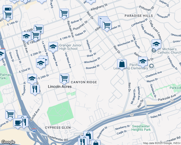 map of restaurants, bars, coffee shops, grocery stores, and more near 5550 Blueridge Street in San Diego
