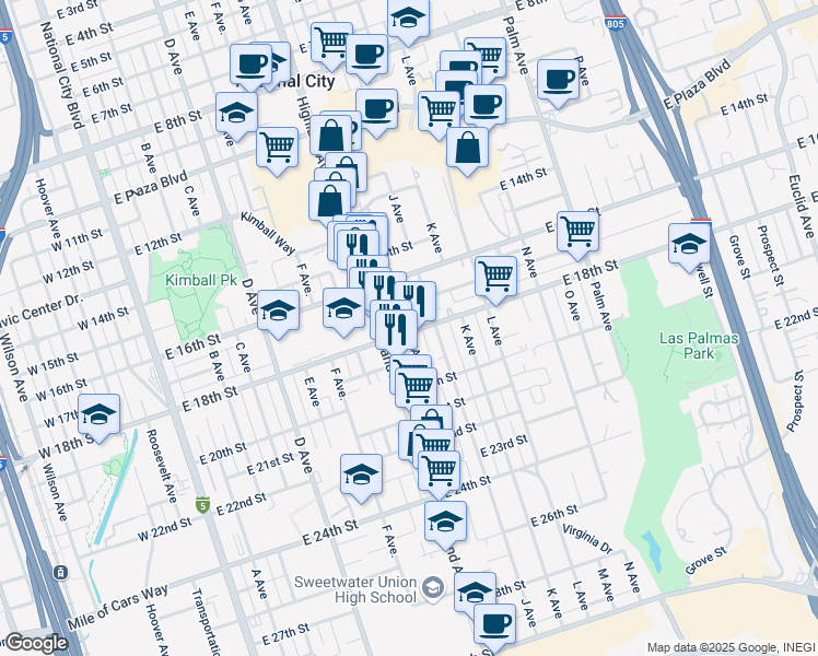 map of restaurants, bars, coffee shops, grocery stores, and more near 907 East 18th Street in National City