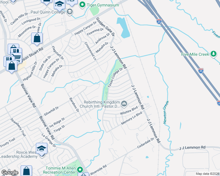 map of restaurants, bars, coffee shops, grocery stores, and more near 4204 Wiley College Drive in Dallas