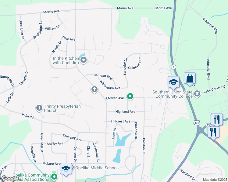 map of restaurants, bars, coffee shops, grocery stores, and more near 501 Winterburn Avenue in Opelika