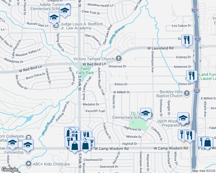 map of restaurants, bars, coffee shops, grocery stores, and more near 6420 Forest Knoll Trail in Dallas