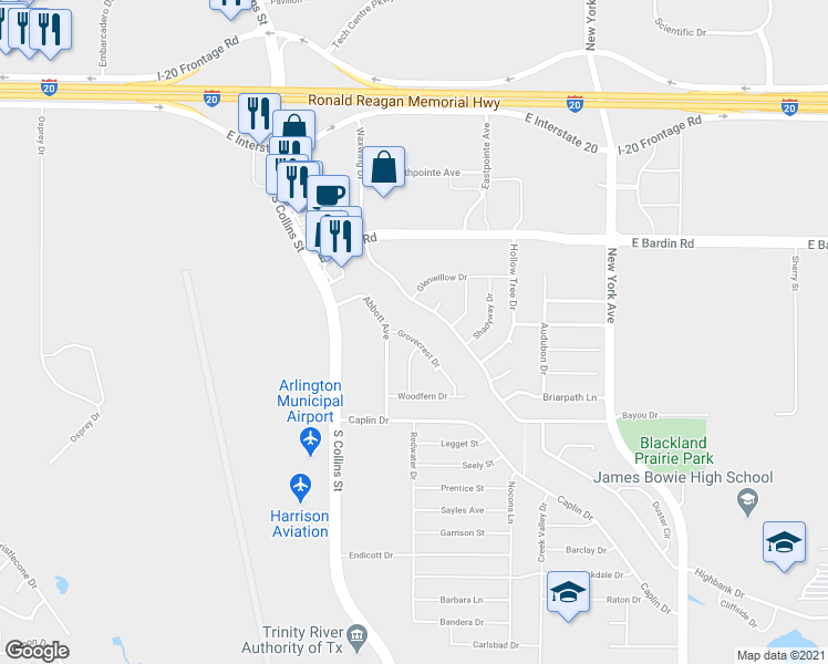 map of restaurants, bars, coffee shops, grocery stores, and more near 1411 Grovecrest Drive in Arlington
