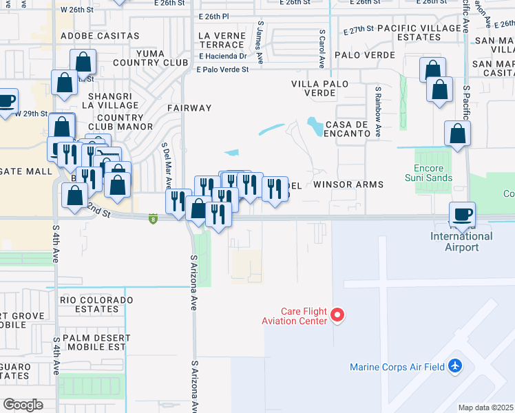 map of restaurants, bars, coffee shops, grocery stores, and more near 790 E 32nd St in Yuma