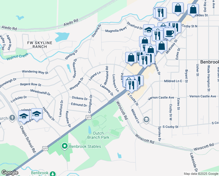 map of restaurants, bars, coffee shops, grocery stores, and more near 129 Lakeway Drive in Benbrook
