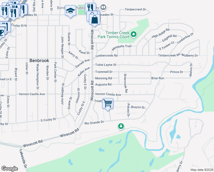 map of restaurants, bars, coffee shops, grocery stores, and more near 1132 Augusta Road in Benbrook
