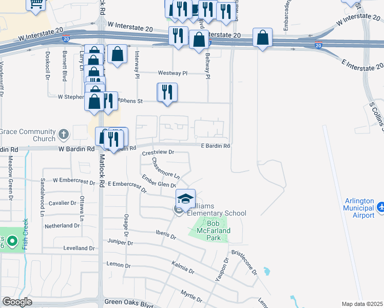 map of restaurants, bars, coffee shops, grocery stores, and more near 4705 Shadow Crest Drive in Arlington