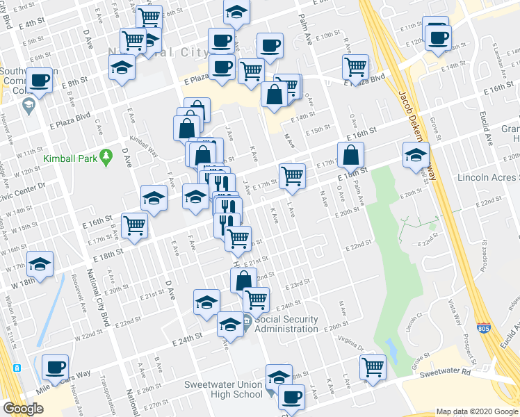 map of restaurants, bars, coffee shops, grocery stores, and more near 1801 J Avenue in National City