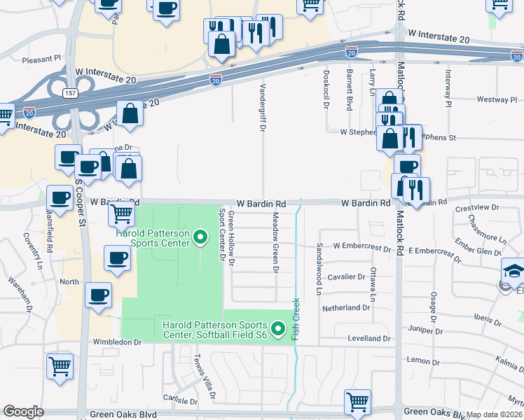 map of restaurants, bars, coffee shops, grocery stores, and more near 921 Highcrest Drive in Arlington