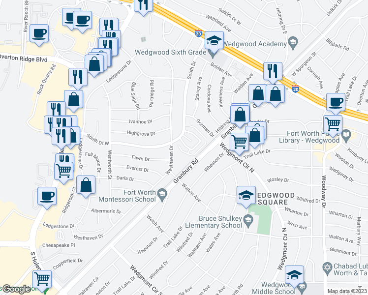 map of restaurants, bars, coffee shops, grocery stores, and more near 4321 Segura Court South in Fort Worth