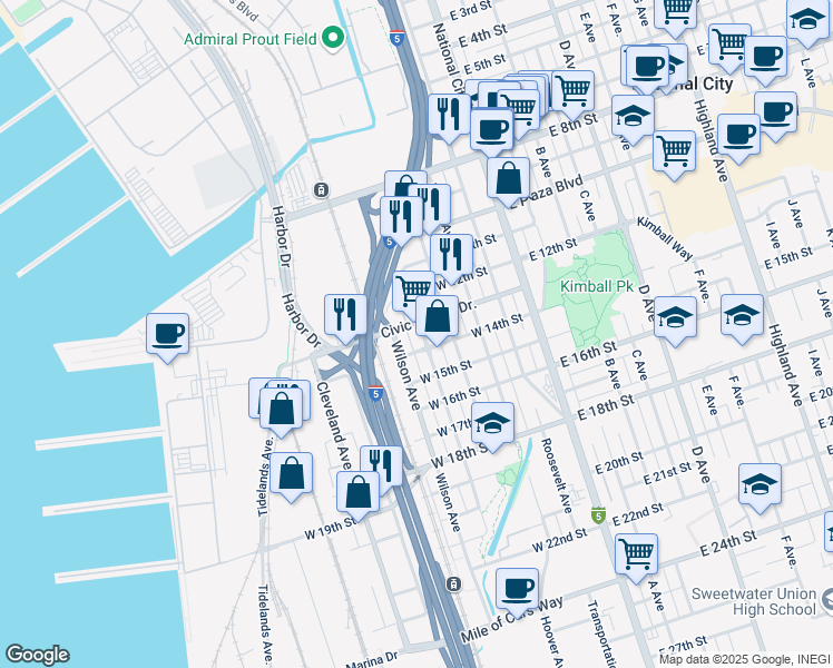 map of restaurants, bars, coffee shops, grocery stores, and more near 1312 Harding Avenue in National City