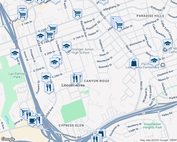 map of restaurants, bars, coffee shops, grocery stores, and more near in Lincoln Acres