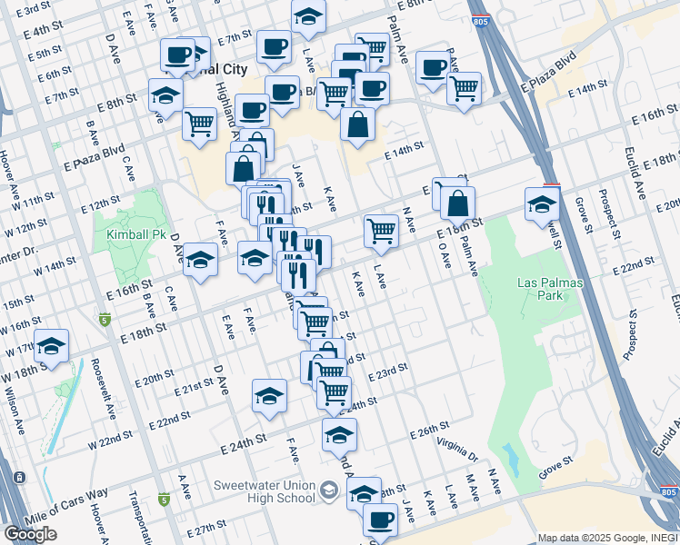 map of restaurants, bars, coffee shops, grocery stores, and more near 1801 J Avenue in National City