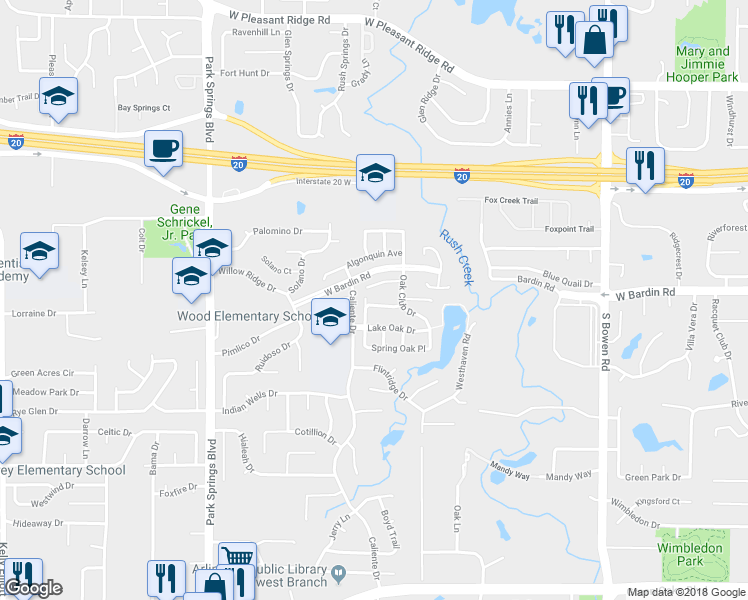 map of restaurants, bars, coffee shops, grocery stores, and more near 3223 Village Oak Drive in Arlington