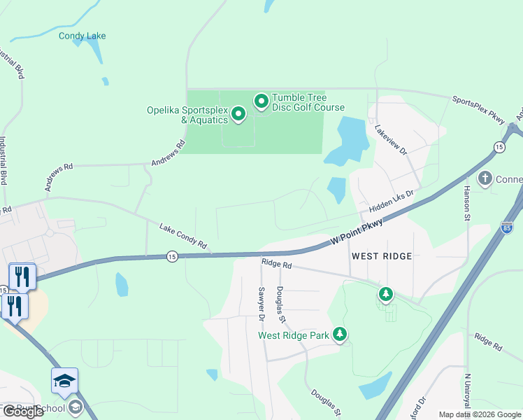 map of restaurants, bars, coffee shops, grocery stores, and more near 1030 West Point Parkway in Opelika