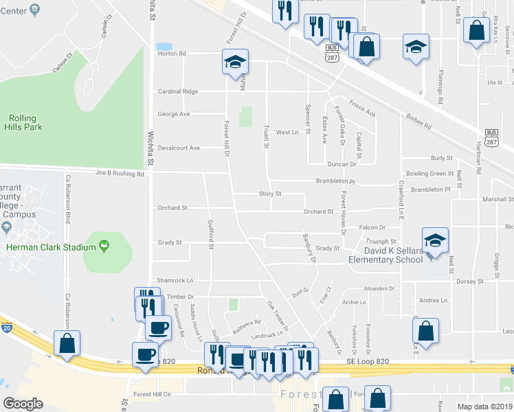 map of restaurants, bars, coffee shops, grocery stores, and more near 3409 Orchard Street in Forest Hill
