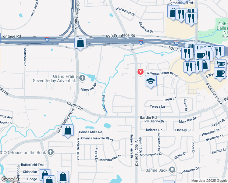 map of restaurants, bars, coffee shops, grocery stores, and more near 4219 Fall Creek Drive in Grand Prairie