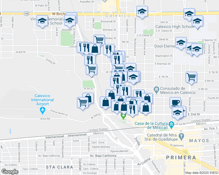 map of restaurants, bars, coffee shops, grocery stores, and more near 505 Emerson Avenue in Calexico