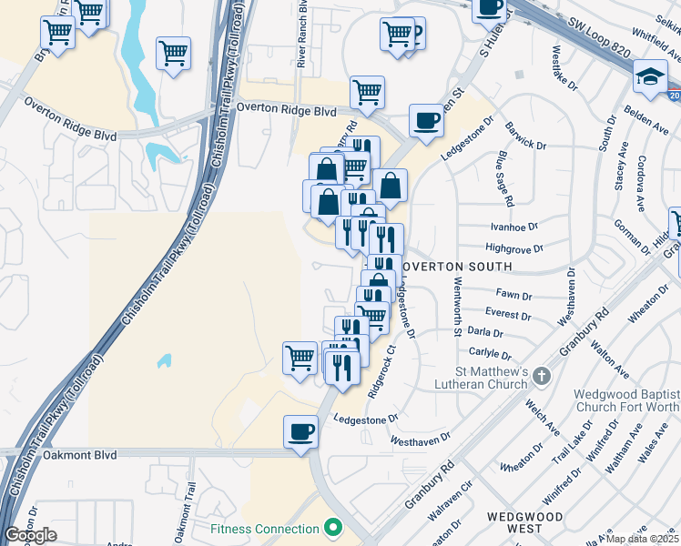 map of restaurants, bars, coffee shops, grocery stores, and more near 5012 Lincoln Oaks Drive North in Fort Worth