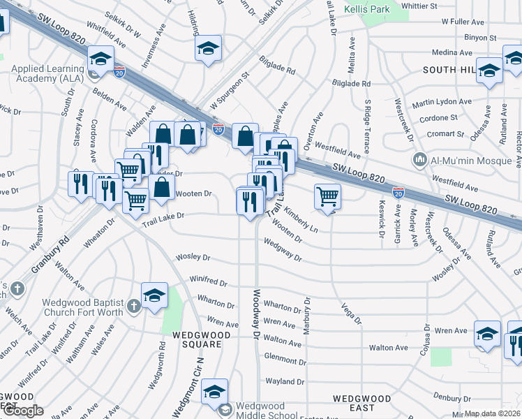 map of restaurants, bars, coffee shops, grocery stores, and more near 5056 Trail Lake Drive in Fort Worth