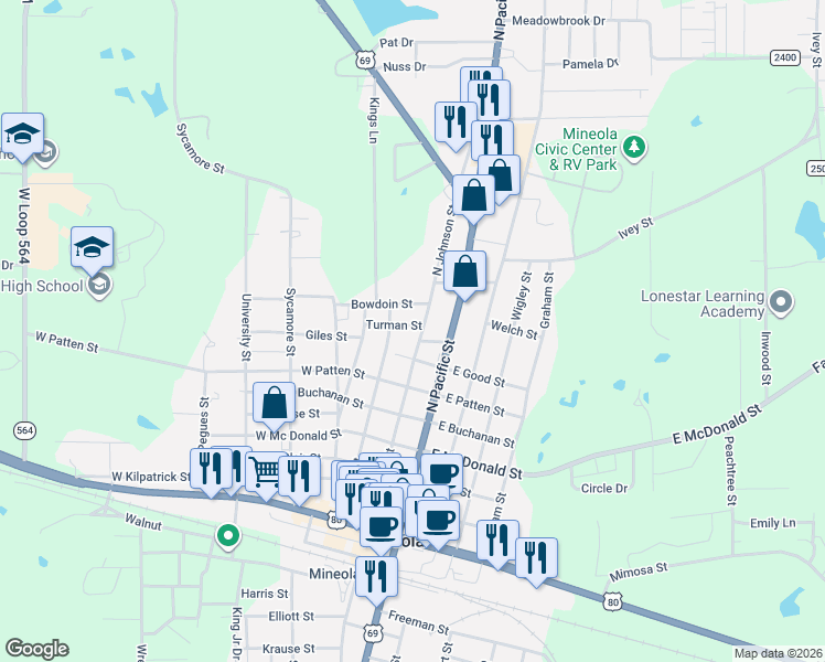 map of restaurants, bars, coffee shops, grocery stores, and more near 800 North Johnson Street in Mineola