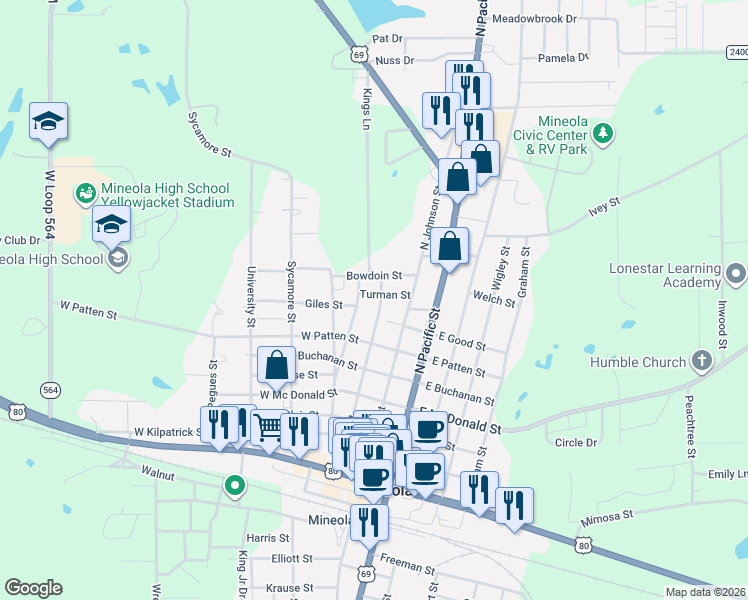 map of restaurants, bars, coffee shops, grocery stores, and more near 201 Turman Street in Mineola