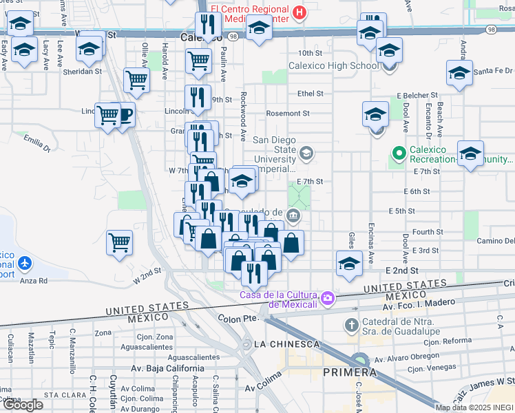 map of restaurants, bars, coffee shops, grocery stores, and more near 237 East 5th Street in Calexico