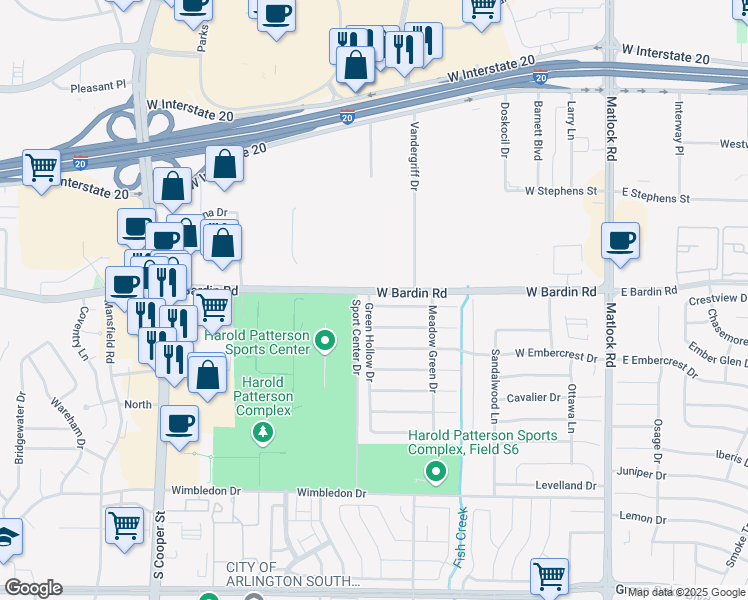 map of restaurants, bars, coffee shops, grocery stores, and more near 937 Highcrest Drive in Arlington