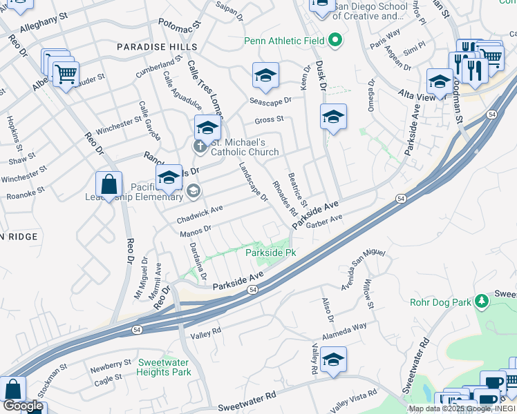 map of restaurants, bars, coffee shops, grocery stores, and more near 3161 Manos Drive in San Diego