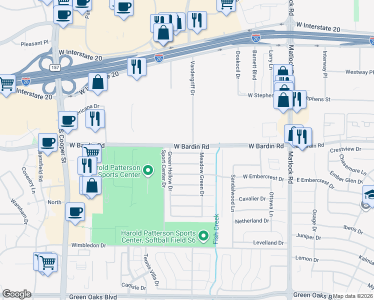 map of restaurants, bars, coffee shops, grocery stores, and more near 921 Highcrest Drive in Arlington