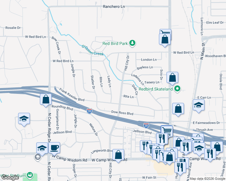 map of restaurants, bars, coffee shops, grocery stores, and more near 1122 Lady Lane in Duncanville