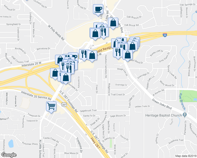 map of restaurants, bars, coffee shops, grocery stores, and more near 4719 Crest Drive in Arlington