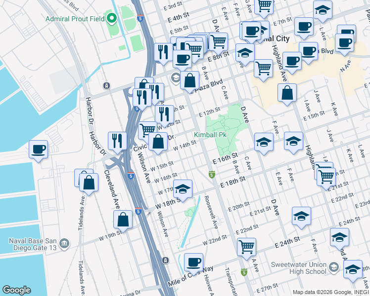 map of restaurants, bars, coffee shops, grocery stores, and more near 126 West 14th Street in National City