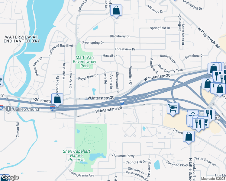 map of restaurants, bars, coffee shops, grocery stores, and more near 4725 Aramis Drive in Arlington