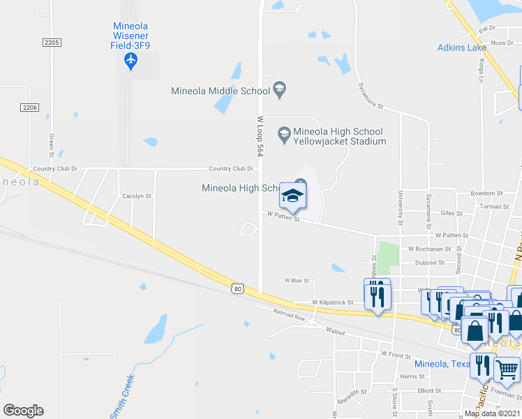 map of restaurants, bars, coffee shops, grocery stores, and more near 1000 West State Loop 564 in Mineola