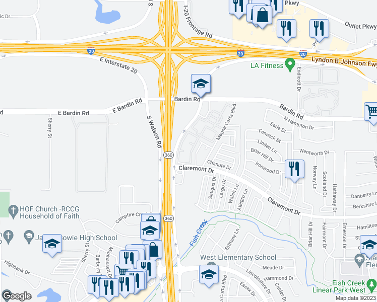 map of restaurants, bars, coffee shops, grocery stores, and more near 4173 Toccata Street in Grand Prairie