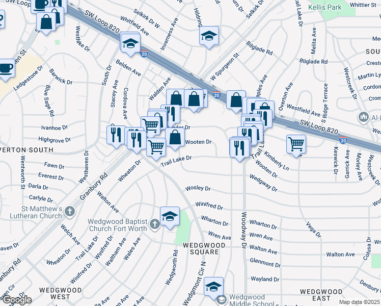 map of restaurants, bars, coffee shops, grocery stores, and more near 5252 Trail Lake Drive in Fort Worth