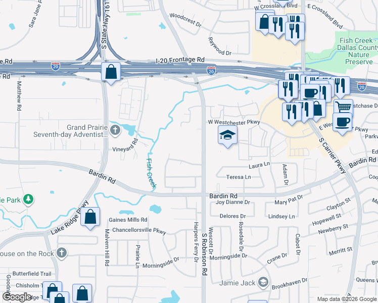 map of restaurants, bars, coffee shops, grocery stores, and more near 4214 South Robinson Road in Grand Prairie