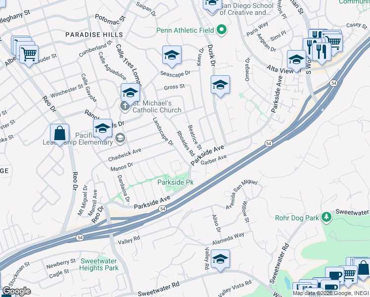 map of restaurants, bars, coffee shops, grocery stores, and more near 2854 Rhoades Road in San Diego