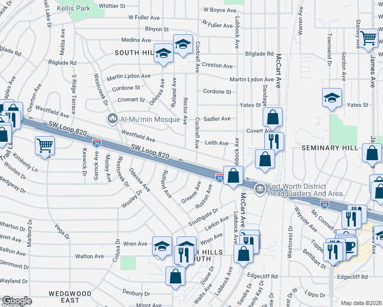 map of restaurants, bars, coffee shops, grocery stores, and more near 3005 Westfield Avenue in Fort Worth