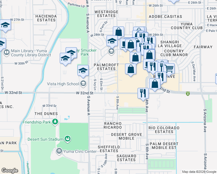 map of restaurants, bars, coffee shops, grocery stores, and more near 855 West Cactus Drive in Yuma