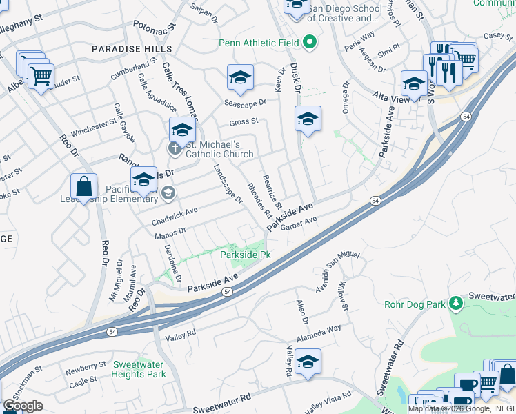 map of restaurants, bars, coffee shops, grocery stores, and more near 2854 Rhoades Road in San Diego
