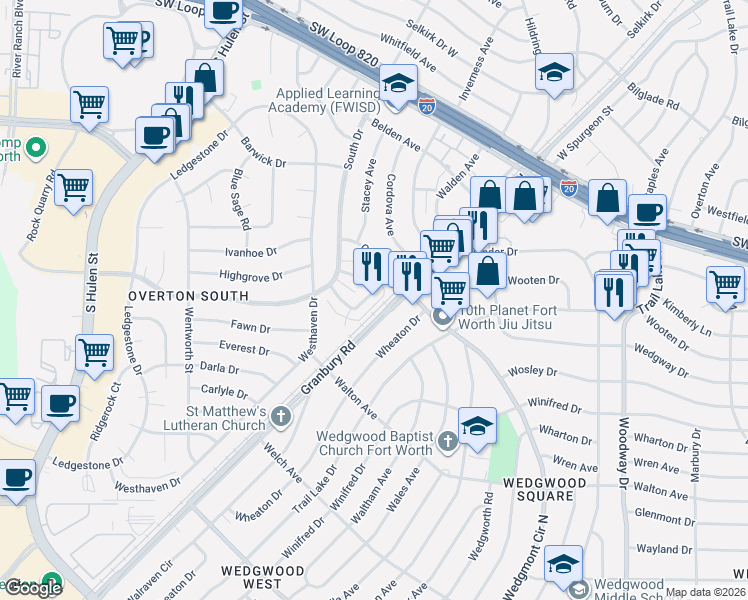 map of restaurants, bars, coffee shops, grocery stores, and more near 4304 Segura Court North in Fort Worth