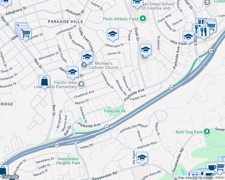 map of restaurants, bars, coffee shops, grocery stores, and more near 3161 Manos Drive in San Diego