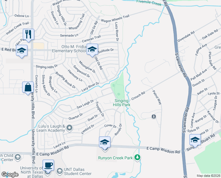 map of restaurants, bars, coffee shops, grocery stores, and more near 1640 Interlude Drive in Dallas