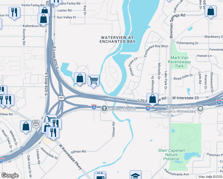 map of restaurants, bars, coffee shops, grocery stores, and more near 7816 Quiet Waters Drive in Arlington